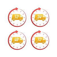 12, 24, 48, 72 hours clock arrow. Fast delivery concept. Work time effect or delivery service time vector