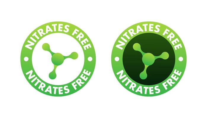 Nitrates free green symbol. Nitrate Forbidden. Nutrition Certified. Vector stock illustration