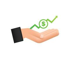 Profit money or budget. Cash and rising graph arrow up in hands. Capital earnings, benefit. Vector stock illustration