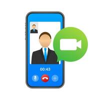 Incoming video call on laptop. Laptop with incoming call, man profile picture and accept decline buttons. Vector stock illustration