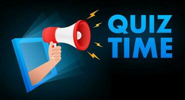 Quiz time logo with clock, concept of questionnaire show sing, quiz button, question competition. Vector stock illustration.