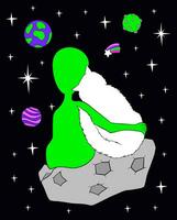 Alien and cat are best friends in outer space on an asteroid.Cartoon vector illustration