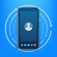 Incoming video call on laptop. Laptop with incoming call, man profile picture and accept decline buttons. Vector stock illustration