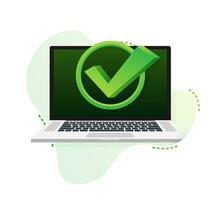 Laptop with checkmark or tick notification in bubble pattern. Approved choice. Accept or approve checkmark. Vector illustration