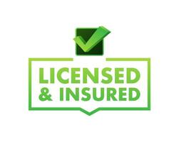 licensed and insured vector icon with tick mark. Green in color vector icon.
