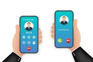 Incoming video call on laptop. Laptop with incoming call, man profile picture and accept decline buttons. Vector stock illustration