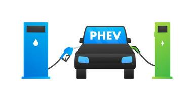 PHEV icon. Plug in hybrid electric vehicle. Electric energy and fuel engine. Vector stock illustration.