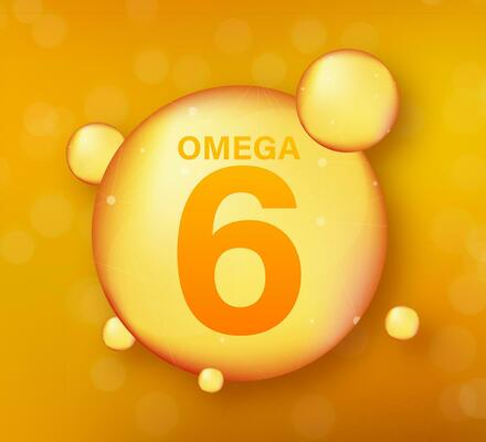 Omega 6 gold icon. Vitamin drop pill capsule. Shining golden essence droplet. Vector illustration