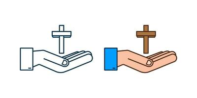 Cross wood icon in hands design on white background. Religion icon vector