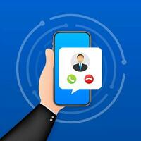 Incoming video call on laptop. Laptop with incoming call, man profile picture and accept decline buttons. Vector stock illustration