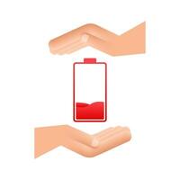 Discharged battery with hands. Set of battery charge level indicators. Vector illustration
