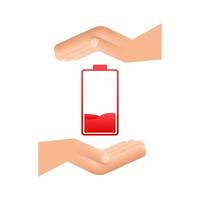 Discharged battery with hands. Set of battery charge level indicators. Vector illustration
