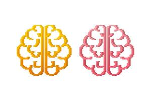 Pixel art vector pink and yellow brain on white background. Vector stock illustration.