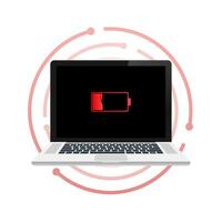 Laptop with low battery icon on screen. Vector stock illustration