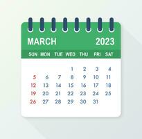 marzo 2023 calendario hoja. calendario 2023 en plano estilo. vector ilustración