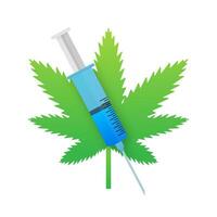 Stop drugs. Narcotics prohibition. Green marijuana leaf and vaccine syringe vector