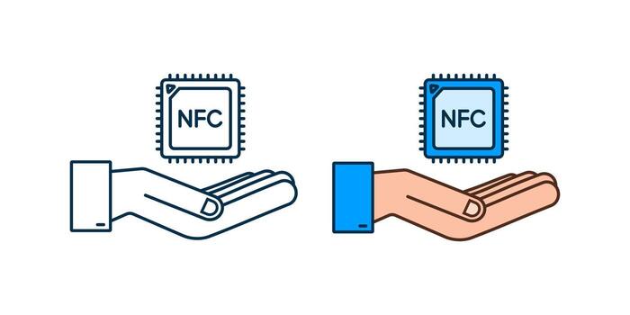 NFC processor icon with hands. NFC chip. Near field communication. Vector stock illustration