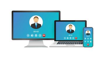 Incoming video call on laptop. Laptop with incoming call, man profile picture and accept decline buttons. Vector stock illustration