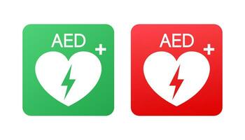 Emergency first aid defibrillator sign. White heart icon and white cross icon. Vector stock illustration