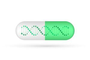 Close green capsule pill with dna molecule structure on white background. Vector stock illustration