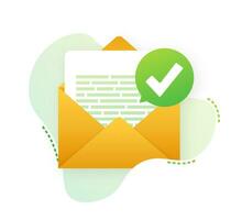 Opened envelope and document with green check mark. Verification email. Vector illustration