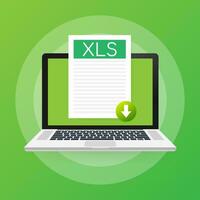 Download XLS button on laptop screen. Downloading document concept. File with XLS label and down arrow sign. Vector illustration.