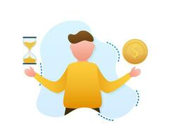 Man choosing between two options Time and money. Vector stock illustration.