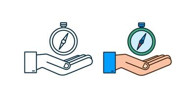 Compass icon over hands on white background. Flat vector navigation symbol. Vector stock illustration