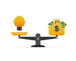 Light bulb idea and money on scales. Vector stock illustration.