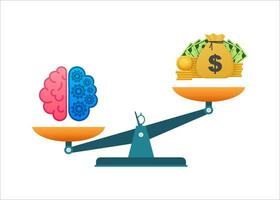 For concept design. Vector illustration of mechanism to compare value of brainwork and money on scales.Mental health concept