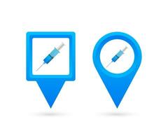 Map pointer with vaccine. Pin Point Syringe. Vector stock illustration