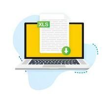 Download XLS button on laptop screen. Downloading document concept. File with XLS label and down arrow sign. Vector illustration.