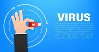 Computer virus on usb flash card in hands. Virus protection. Vector stock illustration