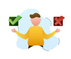 Man choosing between two options yes and no. Vector stock illustration.