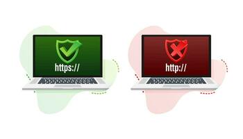 Http and https protocols on shield on laptop, on white background. Vector illustration