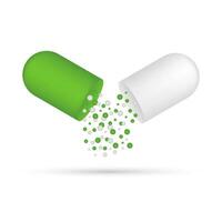 Capsule pill. Small balls pouring from an open medical capsule. Vector illustration.