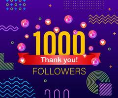 Thank you 1000 followers numbers. Congratulating multicolored thanks image for net friends likes vector