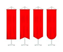 Signal red long sport advertising pennants banners samples on pole stand support pedestal realistic set. Vector stock illustration.