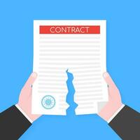 Businessman hands tearing apart contract document. Vector illustration.