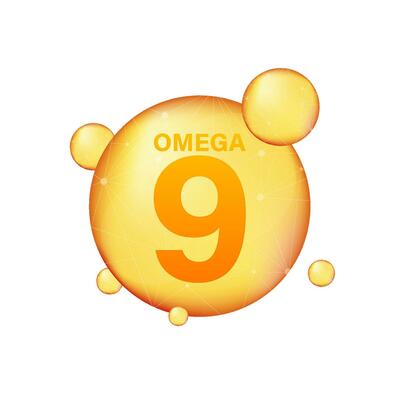 Omega 9 gold icon. Vitamin drop pill capsule. Shining golden essence droplet. Vector stock illustration.