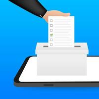 Hand puts vote bulletin into vote box. Voting concept. Ballot box. Vector stock illustration