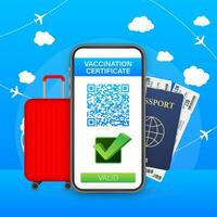 Vaccination digital certificate on smartphone with suitcase and passport. Phone screen with qr code and pass check mark vaccinated. Health passport. Vector stock illustration
