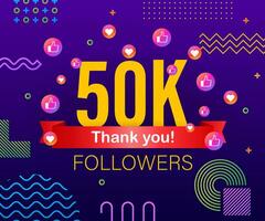 Thank you 50k followers numbers. Congratulating multicolored thanks image for net friends likes vector