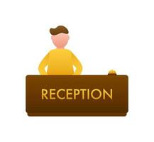 Realistic gold icon of reception bell and man on white backdrop. Customer help. vector