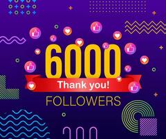 Thank you 6000 followers numbers. Congratulating multicolored thanks image for net friends likes vector