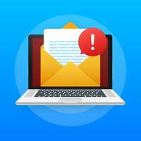 alerta mensaje ordenador portátil notificación. peligro error alertas, ordenador portátil virus problema o inseguro mensajería correo no deseado problemas notificaciones vector ilustración