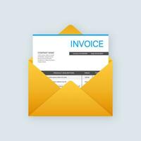 Invoice icon vector, email message received with bill document, flat style open envelope with invoice paper blank. vector