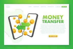 Vector concept of worldwide money transfer. Sending yellow coins from smart phone in businessman hands to personal account on computer.