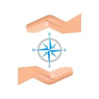 Compass icon over hands on white background. Flat vector navigation symbol. Vector stock illustration