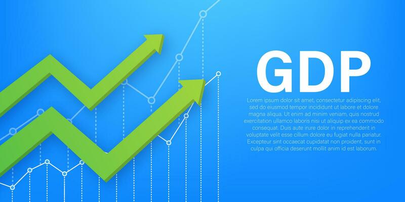 Growth GDP. Gross domestic product. Government budget. Increment in annual financial budget. Vector stock illustration